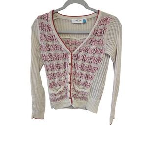 Sparrow Anthroplogie Women's Beige Red Floral Knit Button Cardigan Sweater Small